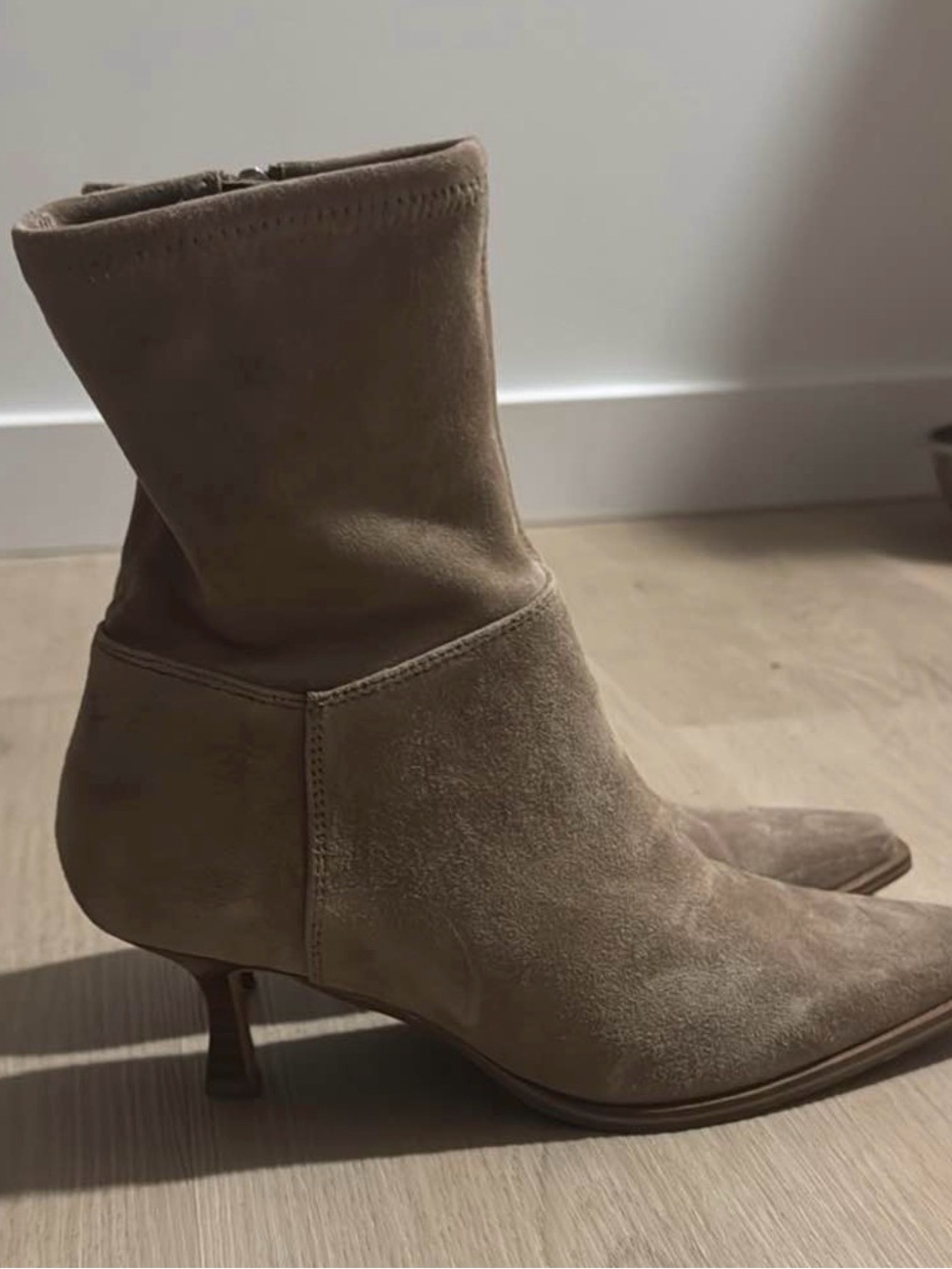 Zara Taupe Suede Ankle Boots with Kitten Heel